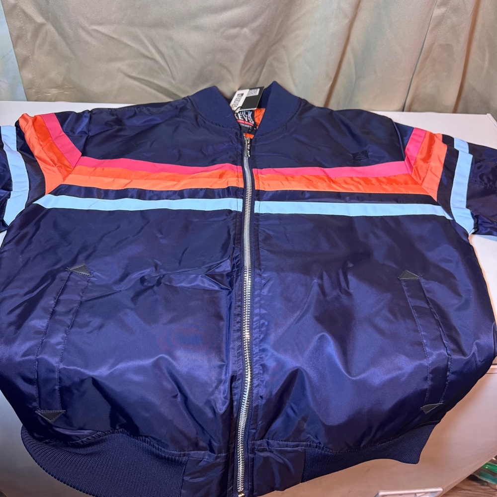Men's Navy Bomber Jacket with Multicolor Stripes Black Keys Performance XL NWT